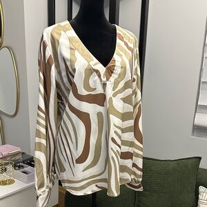 New York & Company Cream Brown Abstract V-Neck Blouse